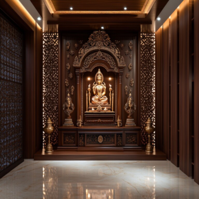 Traditional Walnut Bronze Pooja Room Design with LED-Lit CNC Panel